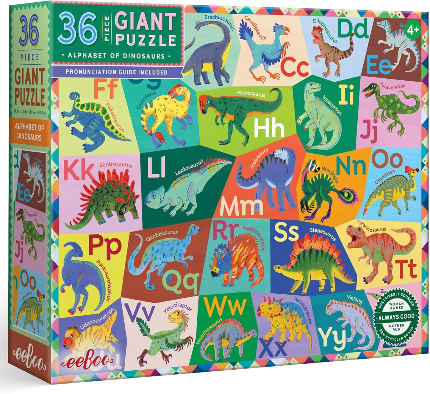 eeBoo 36 Piece Giant Floor Puzzle - Dinosaur Alphabet Children's Puzzle ABC & Dino Themed, Large Pieces for Small Hands to Develop Motor Skills