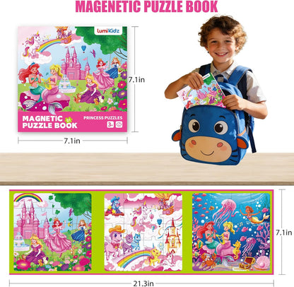 Magnetic Unicorn Mermaid Princess Puzzle for Girls Ages 3-6, 20 Piece Travel Magnetic Puzzle for Toddlers, Car Airplane Road Trip Activity Toy