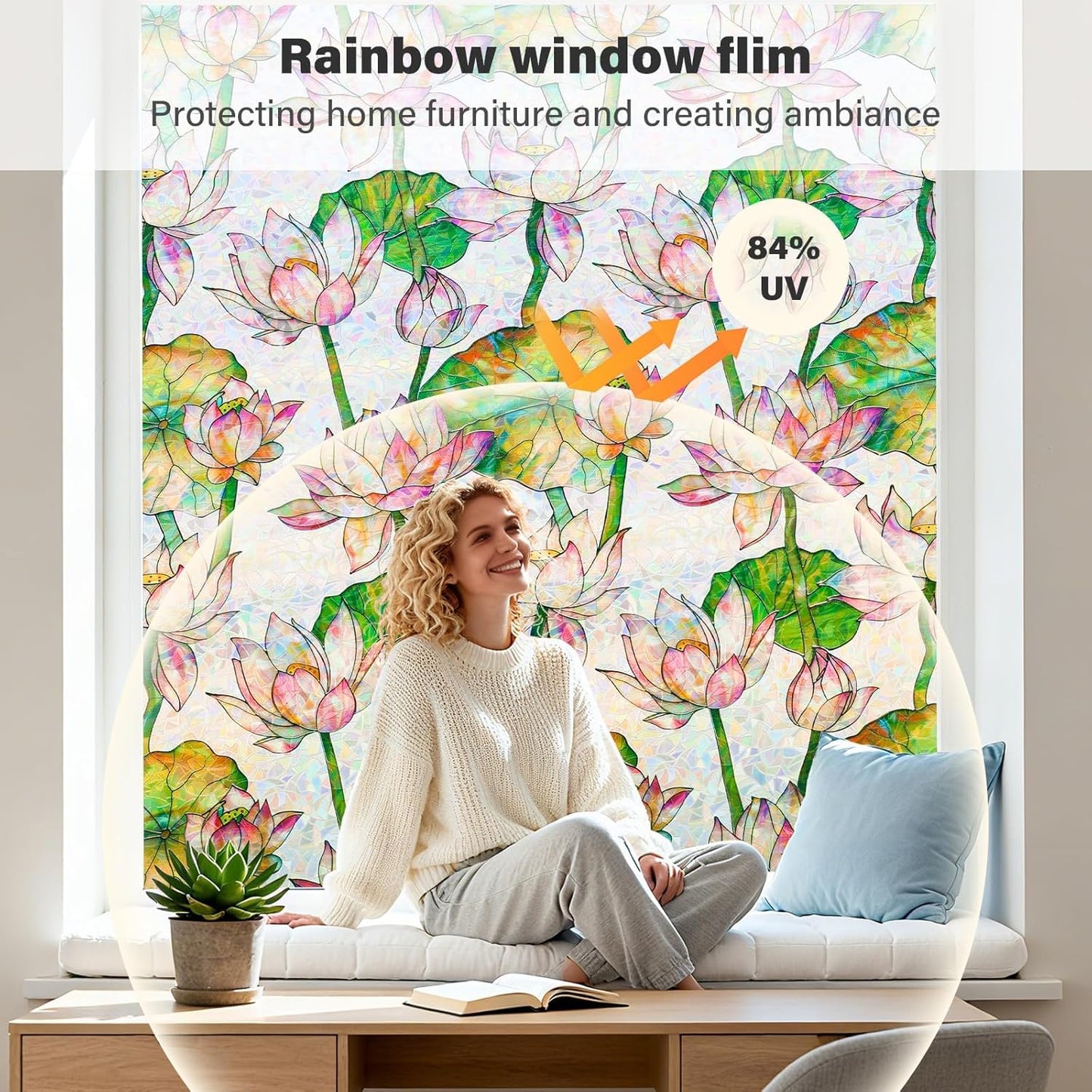 Donox Window Privacy Film Static Cling, Decorative Stained Glass Style Tint, Lotus Pattern with Rainbow Effect for Home and Office, UV Blocking No Glue Removable, 17.5 x 157.4 inches