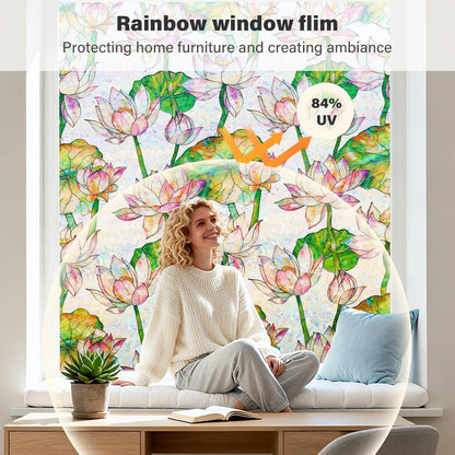 Donox Window Privacy Film Static Cling, Decorative Stained Glass Style Tint, Lotus Pattern with Rainbow Effect for Home and Office, UV Blocking No Glue Removable, 17.5 x 157.4 inches