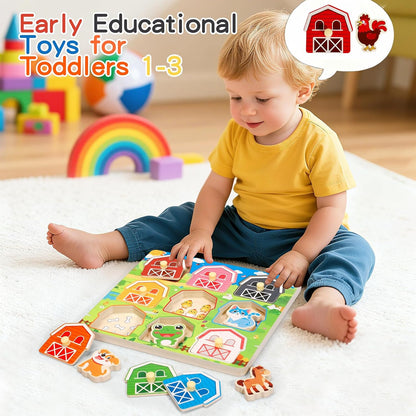 Toddler Wooden Puzzles Ages 1-3, Montessori Toys for 1 2 3 Year Old Boys Birthday Gifts, Farm Animal Peg Puzzles for Toddlers Age 2-4 Girls - Preschool Learning Activities
