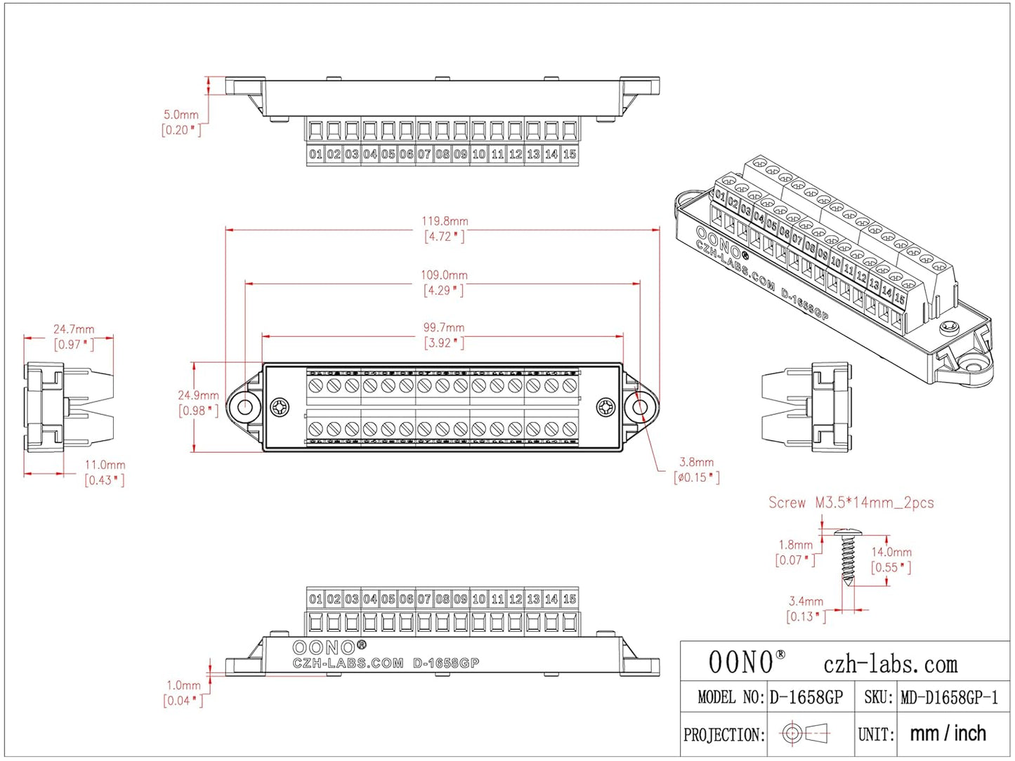 30Amp 300V 1x10 Position Terminal Block Distribution Module. OONO D-1661GP