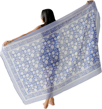 100% Cotton Sarong Cover Up for Women Indian Block Print Beach Wrap Skirt Long Boho Swimsuit Bikini Pareo (73” x 43”)