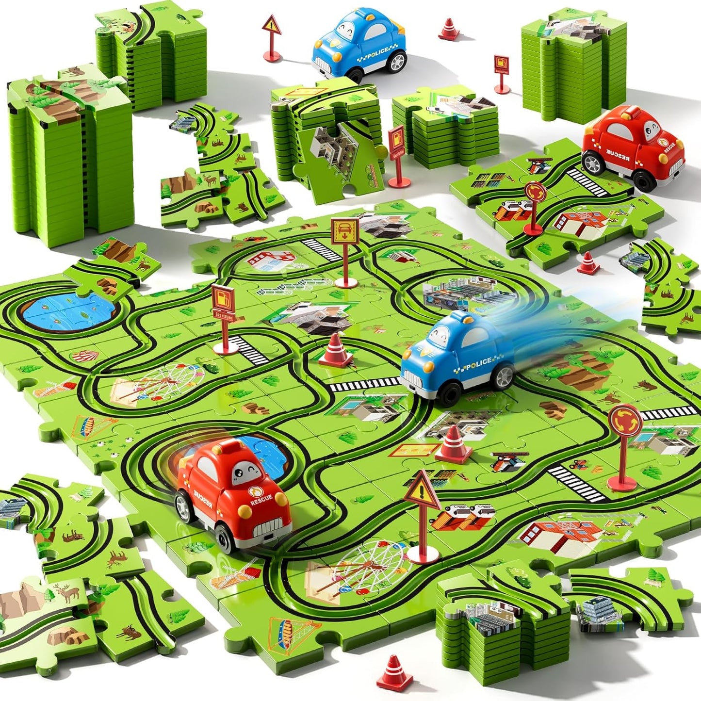 Beby Buty 64PCS Puzzle Track Car Set Toys for Kids Boys, Toddler Toys Gifts for 3 4 5 Year Old, Floor Puzzle Tracks Car for Boys Ages 3-5 4-6, for 3 4 5 6 Year Old
