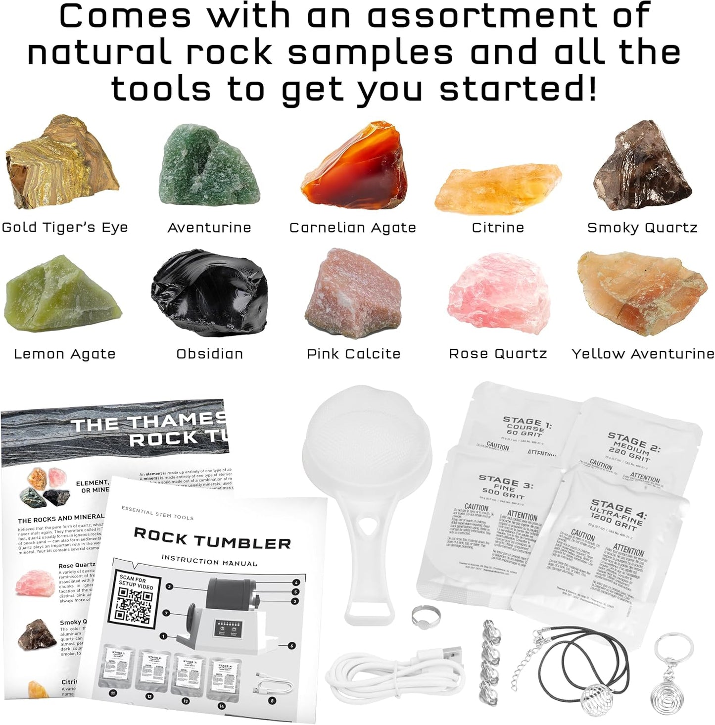 The Thames & Kosmos Rock Tumbler Essential STEM Tool | Durable, Leak-Proof, Noise-Reducing Barrel, Built-in Timer | Polish & Shine Kids Rock Collections, Includes Authentic Specimens & Polishing Grits