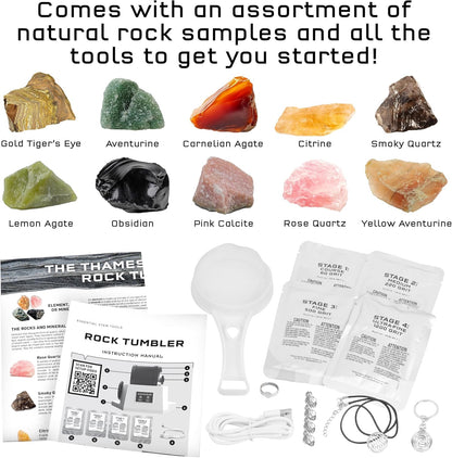 The Thames & Kosmos Rock Tumbler Essential STEM Tool | Durable, Leak-Proof, Noise-Reducing Barrel, Built-in Timer | Polish & Shine Kids Rock Collections, Includes Authentic Specimens & Polishing Grits