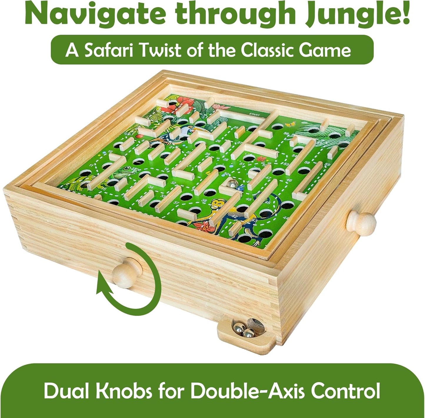 STERLING Wooden Labyrinth Marble Maze Game, Large 12.75" x 11.5" Tilt Maze Game Board with 60 Waypoints and Marble Balls Included, for Kids and Adults 6 Years and Up