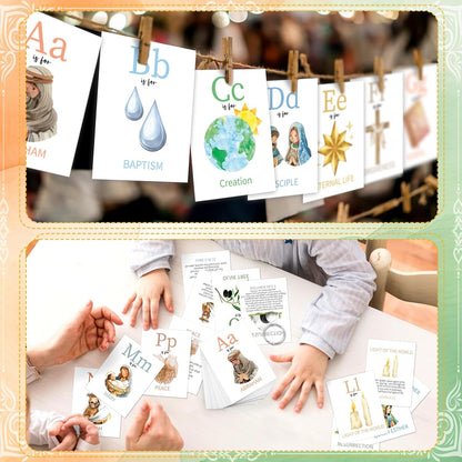 Skyygemm 26 Pcs Bible ABC Flash Cards Christian Bible Verse Alphabet Cards KJV Version Religious Scripture Memory with Stainless Steel Ring for Preschool Sunday School Toys Basket Suffers