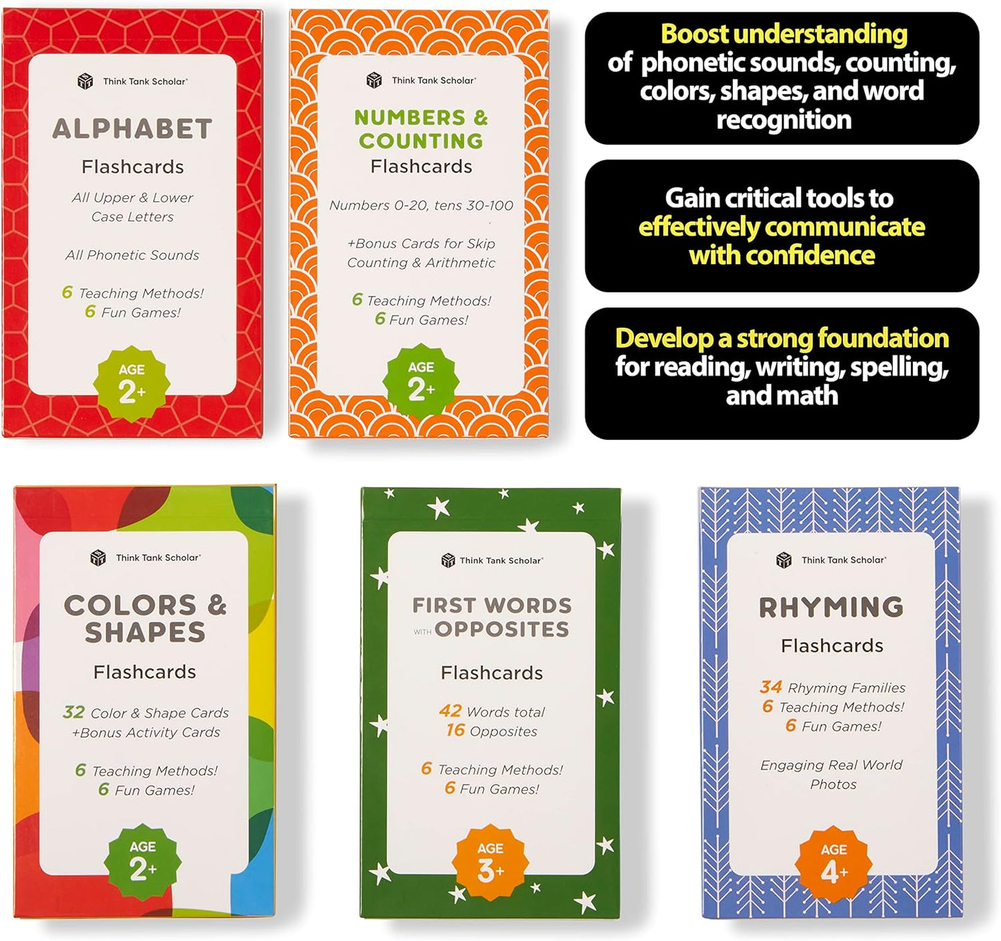 Award-Winning Flash Cards for Preschool & Kindergarten – 5-Deck Set, 180 Jumbo Cards – Learn Alphabet, Numbers, Colors, Shapes, First Words, Opposites & Rhyming – for Kids Ages 2–5