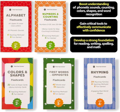 Award-Winning Flash Cards for Preschool & Kindergarten – 5-Deck Set, 180 Jumbo Cards – Learn Alphabet, Numbers, Colors, Shapes, First Words, Opposites & Rhyming – for Kids Ages 2–5
