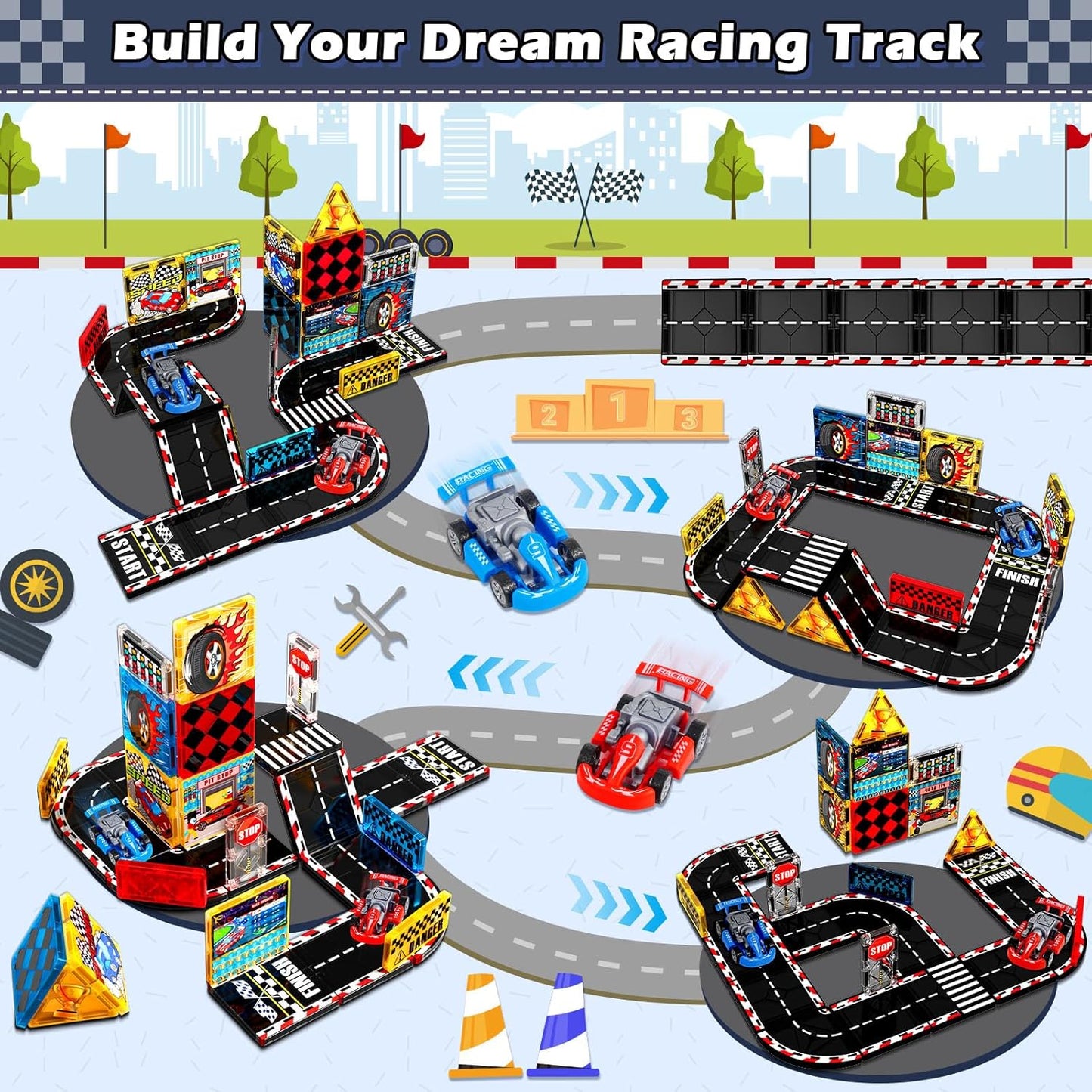 Magnetic Tiles Road Set, Rail Race Track with 2 Racer Cars, Magnetic Car Racing for Kids Ages 3 4 5 6 7 8, Magnet Building Blocks STEM Toy Birthday Gifts for 3＋ Years Old Boys Girls