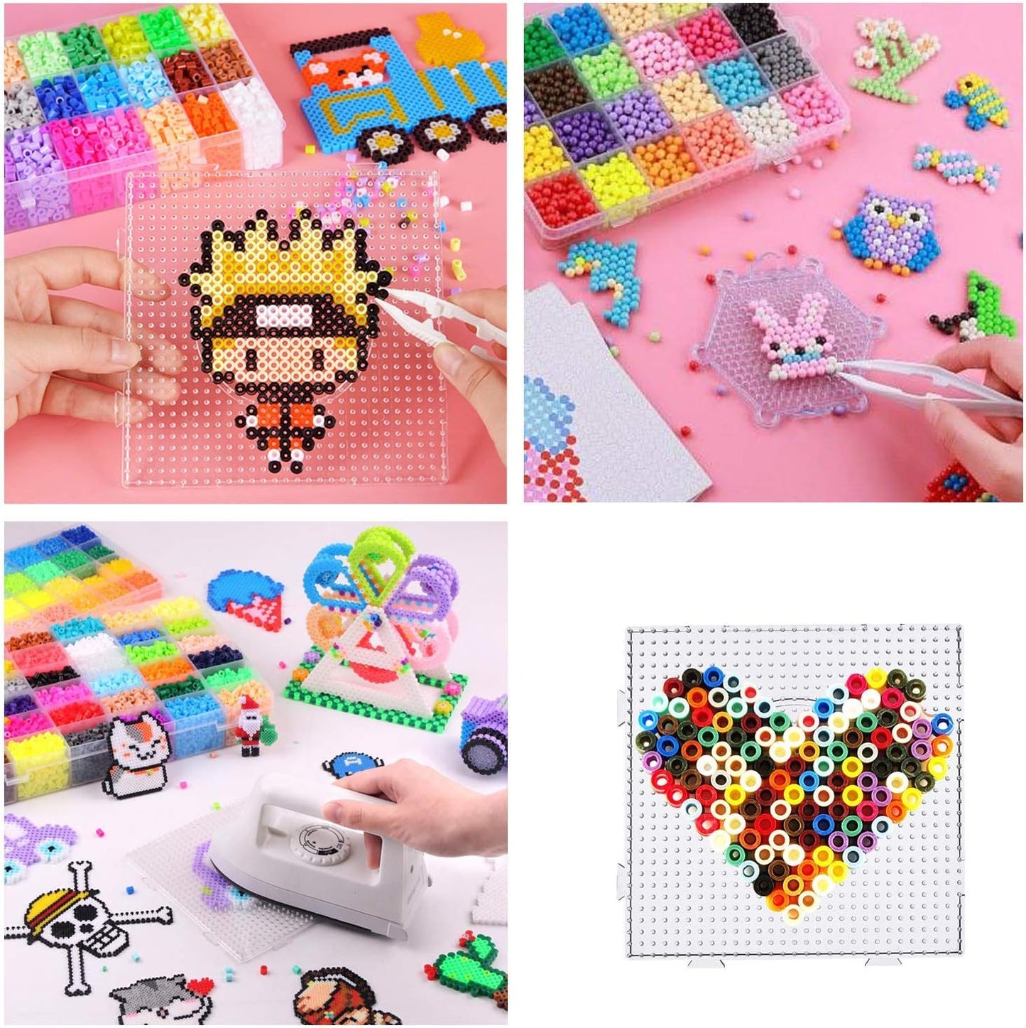 5 mm 6 Pack Fuse Beads Boards Allazone Large Round Square Clear Plastic Pegboards with 4 PCS White Beads Tweezers, 10 PCS Ironing Paper for Kids Craft Supplies