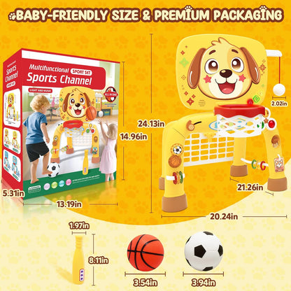 Toys for 1 Year Old Boy - Toddler Basketball Hoop & Soccer Goal & Baseball Activity Center with Light Sound Music, Puppy Montessori Sports Toy, Christmas Birthday Gift for Baby 12-18 Months, Yellow