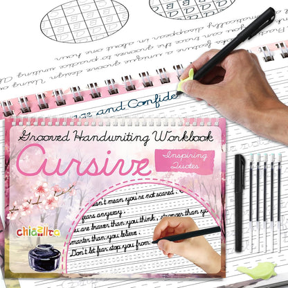 chiazllta Grooved Cursive Handwriting Workbook with Disappearing Ink Pens Magic Reusable Grooved Cursive Writing Practice for Beginners Kids Kickoff Student Workbook Homeschooling Supplies (Letters)