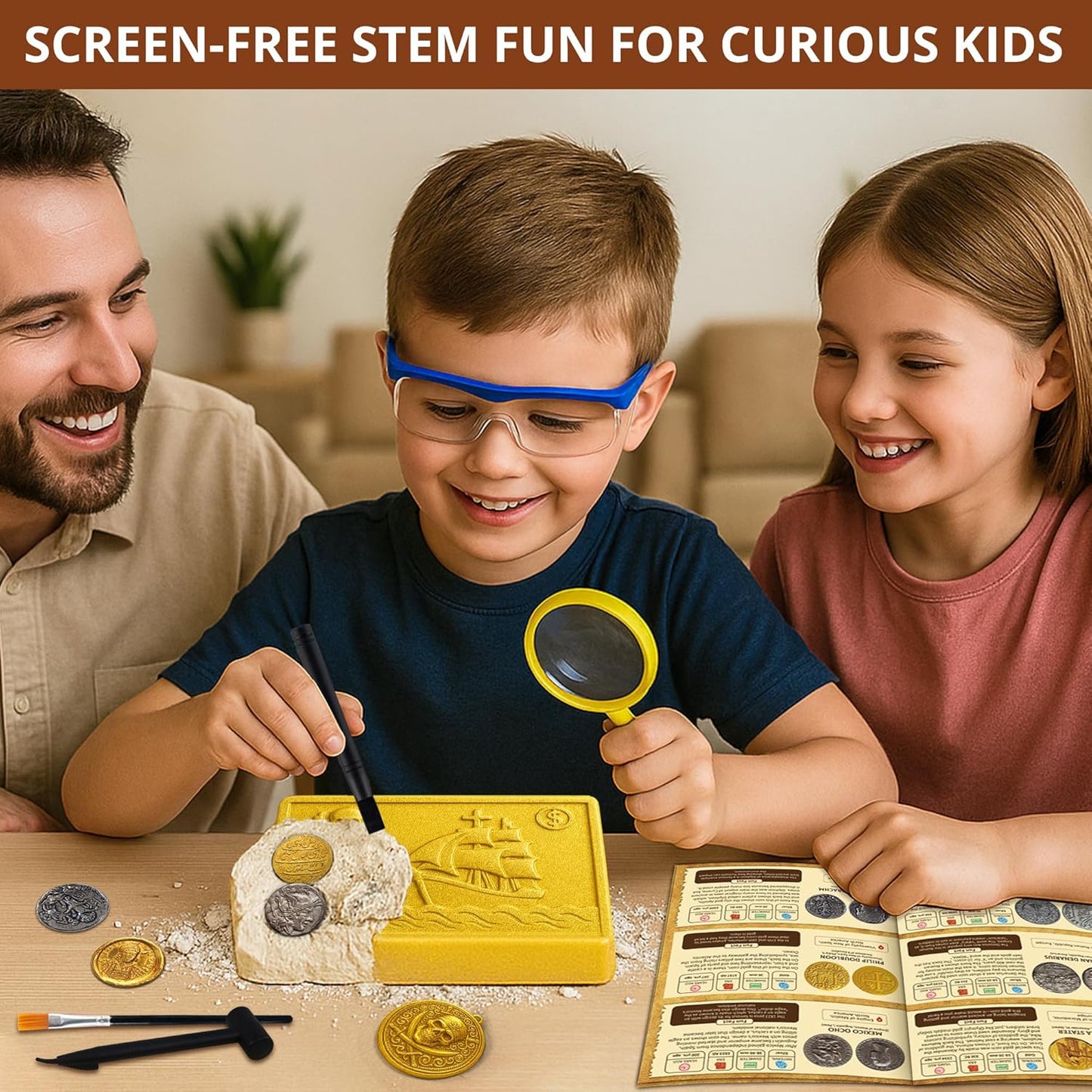 PIBEX Pirate Treasure Coins Dig Kit – Dig & Collect 16+ Ancient Metal Coin Replicas, Fool’s Gold & Pirate Charms – STEM Archaeology & Necklace Making Kit, Coin Collecting Gift Toy for Kids Ages 6+