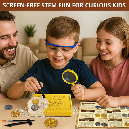 PIBEX Pirate Treasure Coins Dig Kit – Dig & Collect 16+ Ancient Metal Coin Replicas, Fool’s Gold & Pirate Charms – STEM Archaeology & Necklace Making Kit, Coin Collecting Gift Toy for Kids Ages 6+