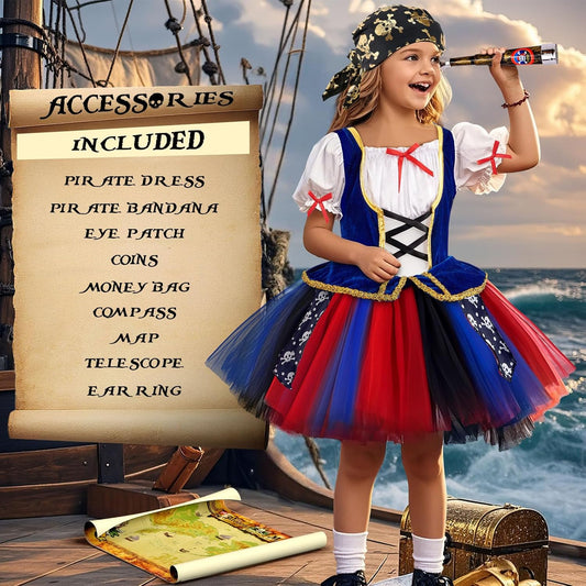 Latocos 14pcs Girls Pirate Costume Dress Kids Pirate Accessories Hat Eye Patch Halloween Dress Up Role Play Gift