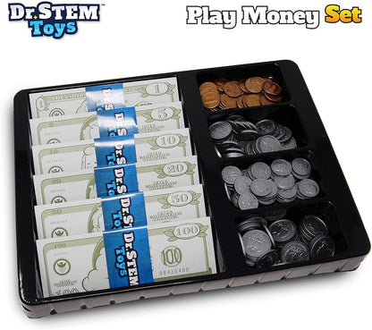 Dr. STEM Toys Play Money for Kids: Durable Boxed Set Provides 400 Pieces of Realistic Fake Money Bills & Fake Coins for Pretend Play, Helps Kids Learn Financial Responsibility & More