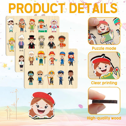 Civaner 3 Set Wooden Puzzle for Toddlers Kids 30 Pcs Wooden Community Helpers Toys People Figures Occupations Interchangeable Dress up Peg Puzzles Educational Social Learning Supplies for Boys Girls
