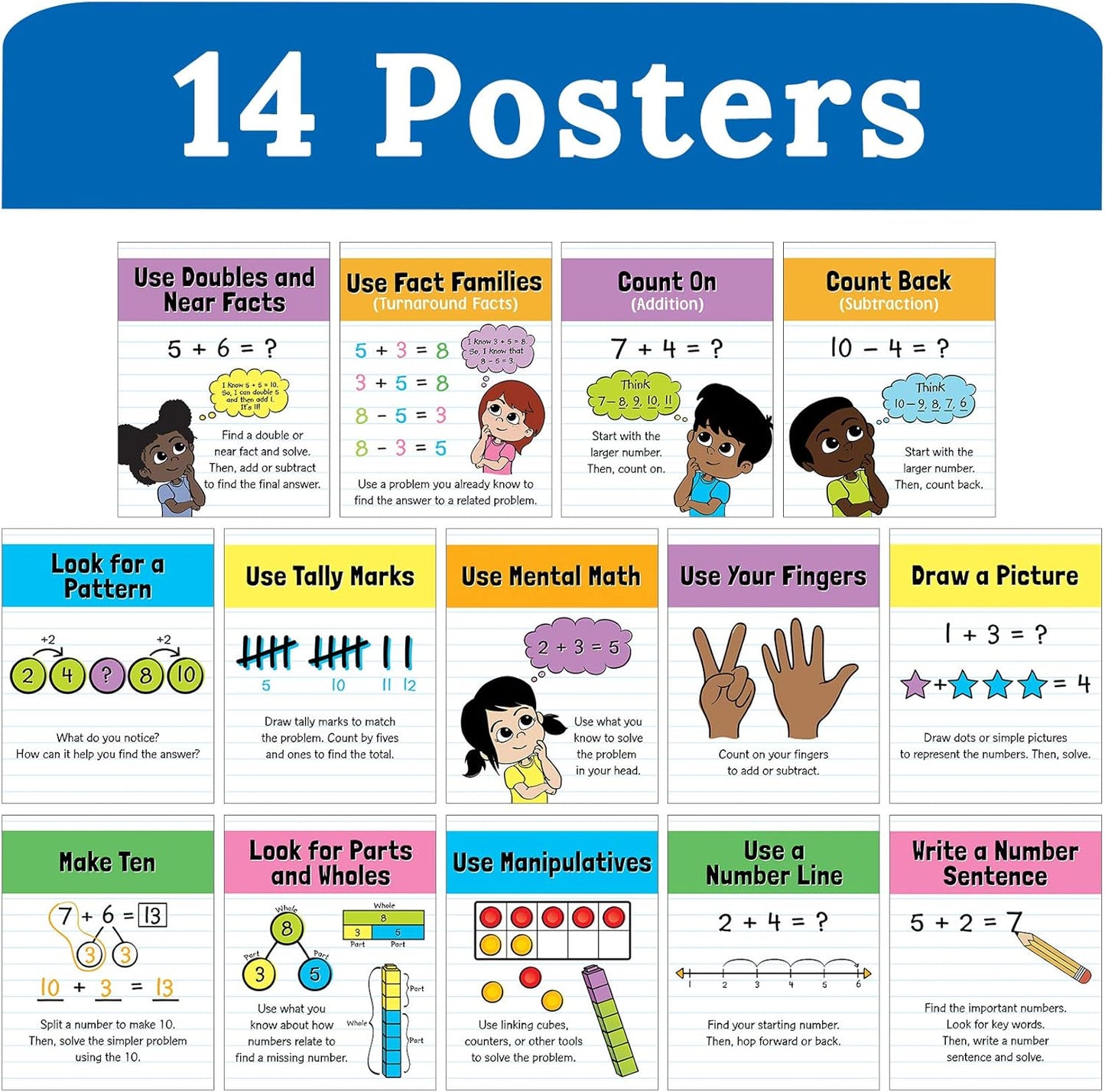 Carson Dellosa 14-Piece Mathematics Strategy Posters, 8.5" x 11" Wall Art Ten Frame, Counting, Number Line, Math Manipulatives, Facts, and More Strategies, Classroom Decor and Teacher Supplies