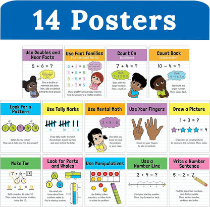 Carson Dellosa 14-Piece Mathematics Strategy Posters, 8.5" x 11" Wall Art Ten Frame, Counting, Number Line, Math Manipulatives, Facts, and More Strategies, Classroom Decor and Teacher Supplies
