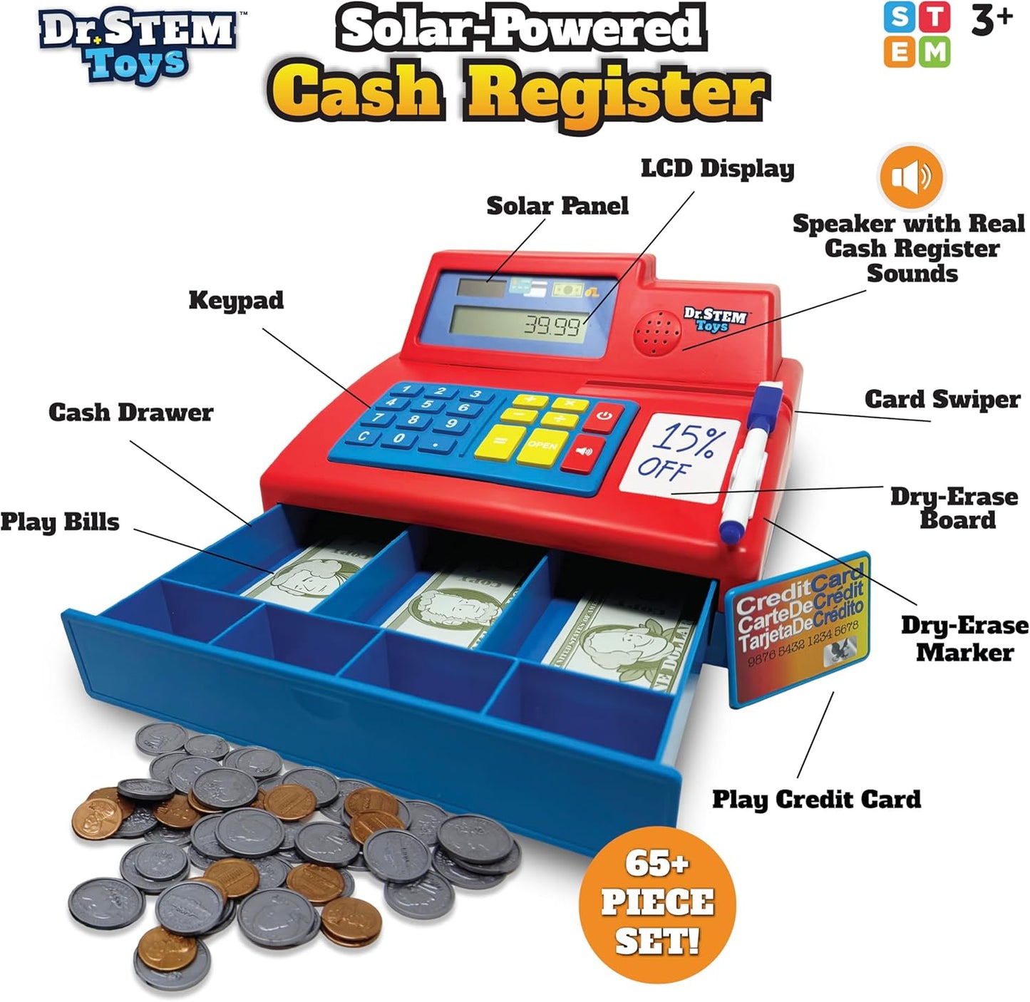 Dr. STEM Toys Solar Powered Calculator Pretend Cash Register with Play Money – 67-Piece Set for Learning Math Skills, STEM Cash Register for Kids (Gray)