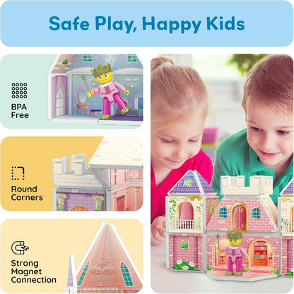 PicassoTiles 60pc Magnetic Tile Princess Castle Building Set with Double Sided Printed Tiles 2 Character Figures STEM Educational Toy Kit for Kids Pretend Play Montessori Learning Ages 3 to 8 PTQ04