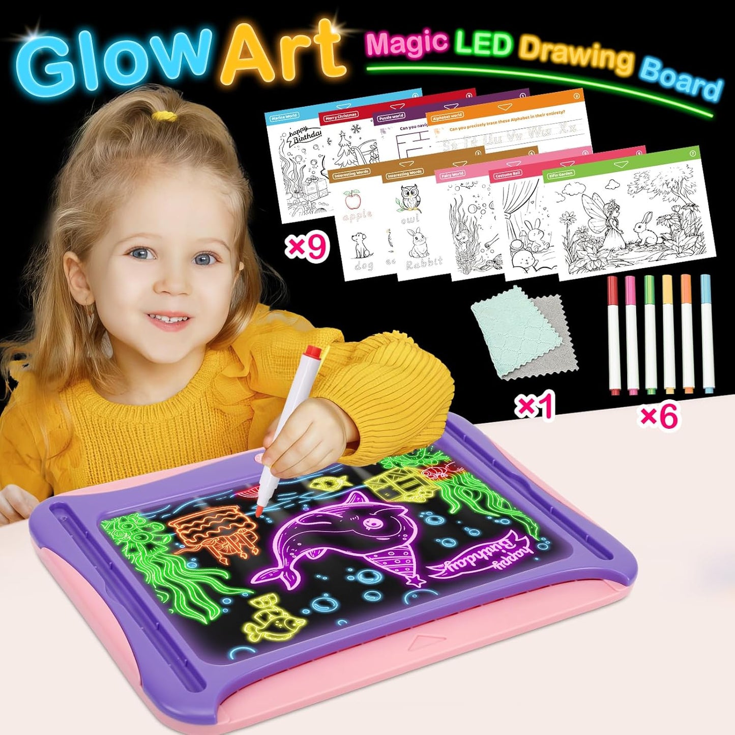 YUBALEER Magic LED Drawing Board for Kids, Toys for Boys Ages 5-7, Light Up Tracing Pad with 9 Double-Sided Cards, 6 Washable Pens, Glow Up Toys for Kids 4-6 Year Old Christmas Birthday Gifts