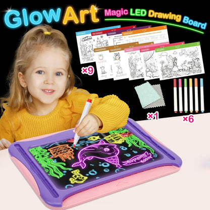 YUBALEER Magic LED Drawing Board for Kids, Toys for Boys Ages 5-7, Light Up Tracing Pad with 9 Double-Sided Cards, 6 Washable Pens, Glow Up Toys for Kids 4-6 Year Old Christmas Birthday Gifts