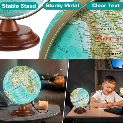 Globe for Kids Illuminated Globes of the World with Stand & Animals Illustrations Earth World Globe Night Light for Kids' Room Decor Classroom Educational Tool Birthday Gift, Dia 8-inch