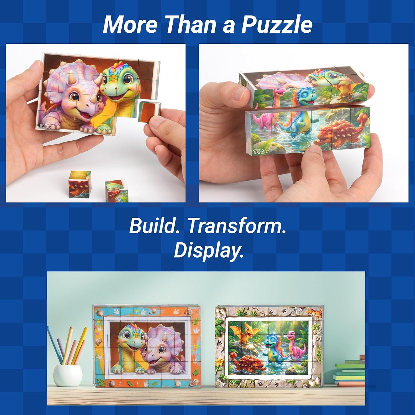TOSY Picture Cube Cute Dino: 6-in-1 Magnetic Picture Puzzle, Easter Basket Stuffers STEM Gift for Kids & Adults, 48 Blocks, 288 Faces/Magnets, 0.6 in, B021, Seamless UV Art, Display-Ready Frame