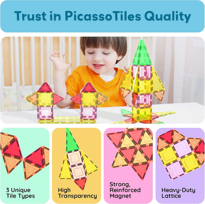 PicassoTiles 42pcs Magnetic Tiles Magnet Blocks See-Through Shape STEM Toys Building Block Educational Playset Compatible with Major Brand Tile -Starter Set for Boys and Girls Toddlers Ages 3+ PT42