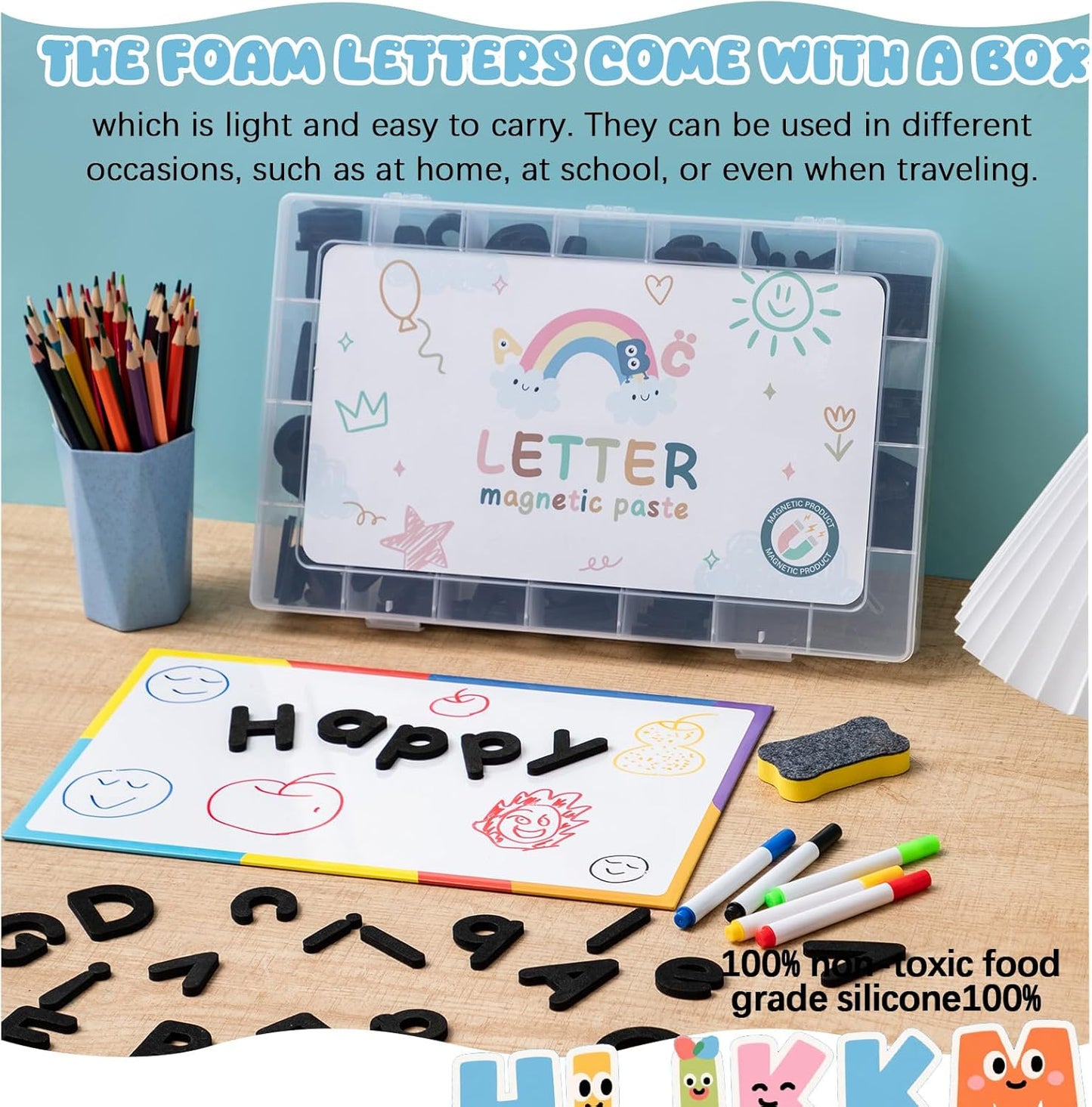 MotiMind 246 Pcs Soft Foam Magnetic Alphabet Letters Kit EVA Alphabet Learning Toys with Whiteboard and Pens Fridge Magnets for Preschool Kids Toddler Spelling and Learning (Boho Color)