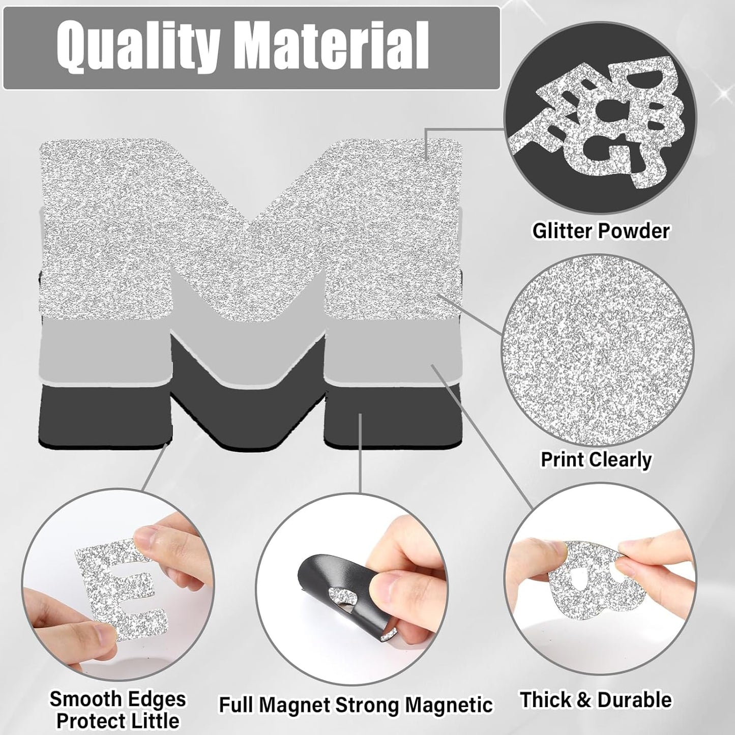 Qyeahkj 103 Pcs Glitter Silver Magnetic Letters - 2'' Alphabet Letters Kit for Classroom, Whiteboard, Fridge, Teachers & Preschool Learning