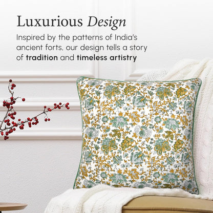 CPC 100% Cotton Throw Pillow Covers 18x18 Inch, Set of 2 Green Block Print Pattern Couch Pillow, Cute Boho Decorative Pillows for Living Room, Bedroom with Hidden Zipper- Agate Green