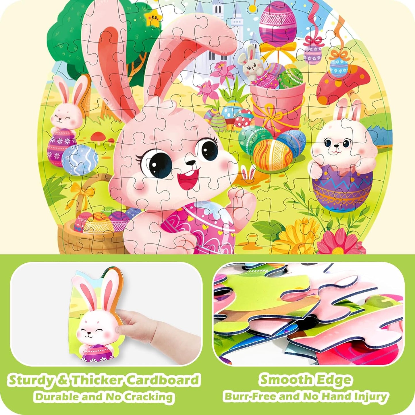 Easter Puzzles for Kids Ages 4-8, Easter Basket Stuffers 79 Pieces Kids Floor Puzzles Ages 4-6, Large Round Jigsaw Puzzles for Toddler, Bunny Puzzle Educational Toys Gifts for Girls Boys