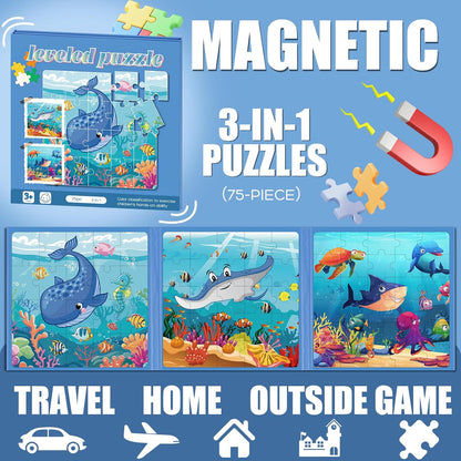 Magnetic Puzzles for Toddlers 3-5, 75-Pieces Travel Toys, Animal Jungle Puzzles Ages 4-6, Educational Learning Magnets, Road Car Trip & Airplane Activities Toys for 3 4 5 6 7 Girls Boys Gift