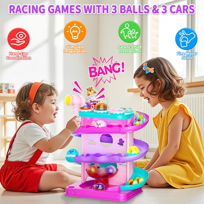 Funwee 2-in-1 Light Up Rolling Ball & Racing Car Ramp Toddler Toy, Race Track Hammer Ball Drop Toys, Interactive Montessori Learning Game for Kids 1-5+ Year Old Girl Boy Gift(Pink)