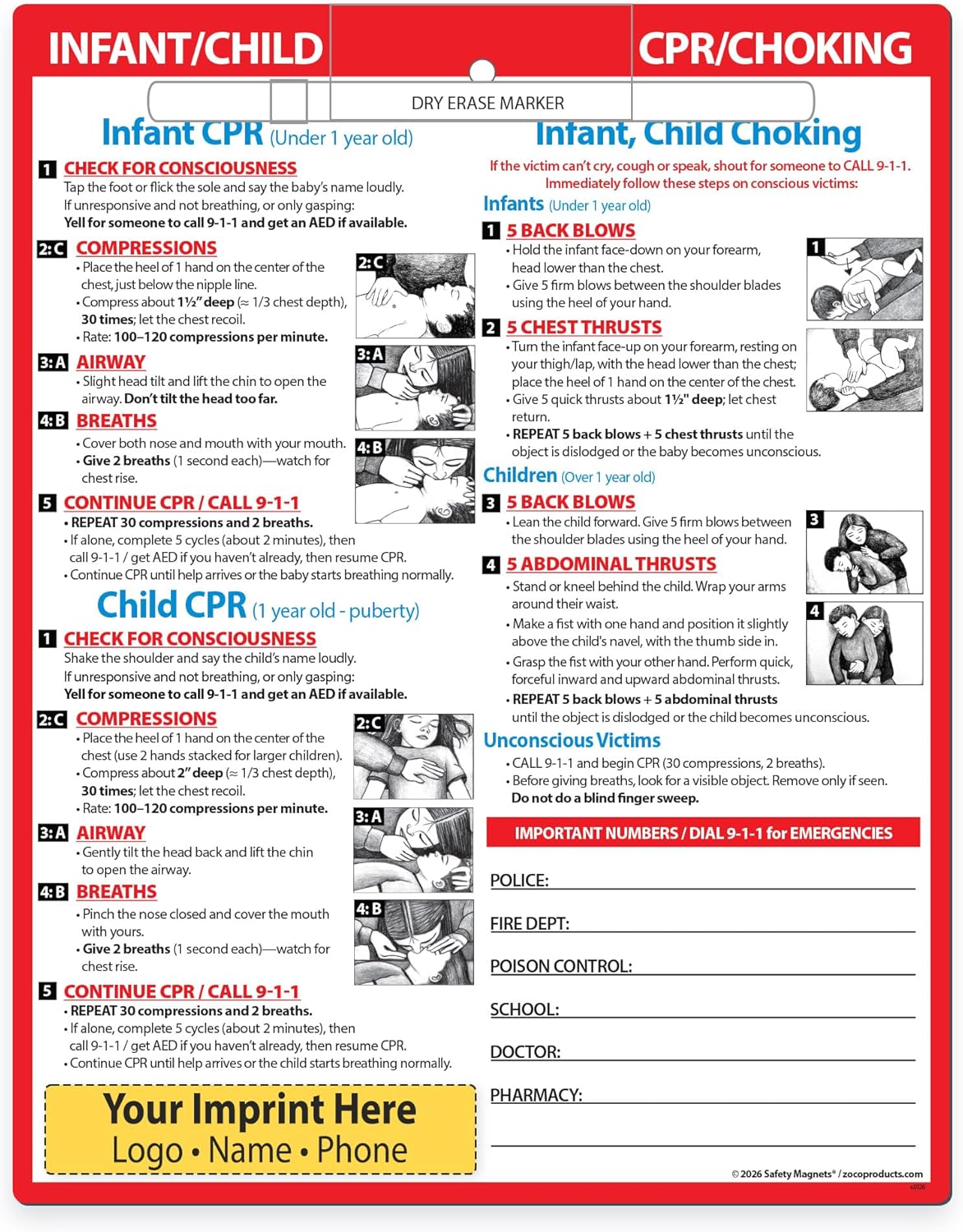 Safety Magnets by ZOCO – Infant and Child CPR & Choking Magnet – Laminated 8.5"x11" Emergency Numbers Fridge Card – First Aid Heimlich Maneuver for Parents, Caregivers, Daycare, Babysitters