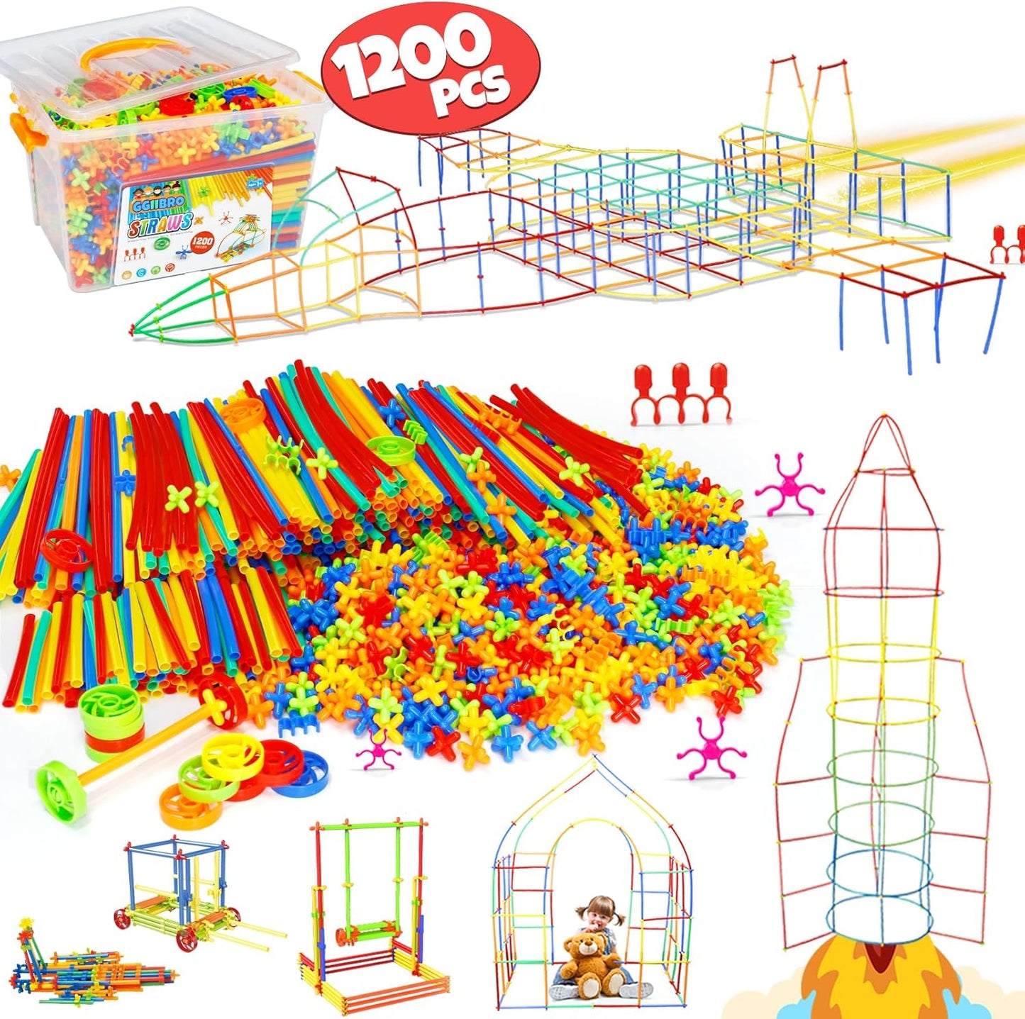 Ggiibro Straw Constructor Toys 600Pcs STEM Building Toy Interlocking Plastic Engineering Thin Tube Blocks Educational Kit for 3 4 5 6 7years Kids Boys and Girls Gift Preschool Toy with Storage Box