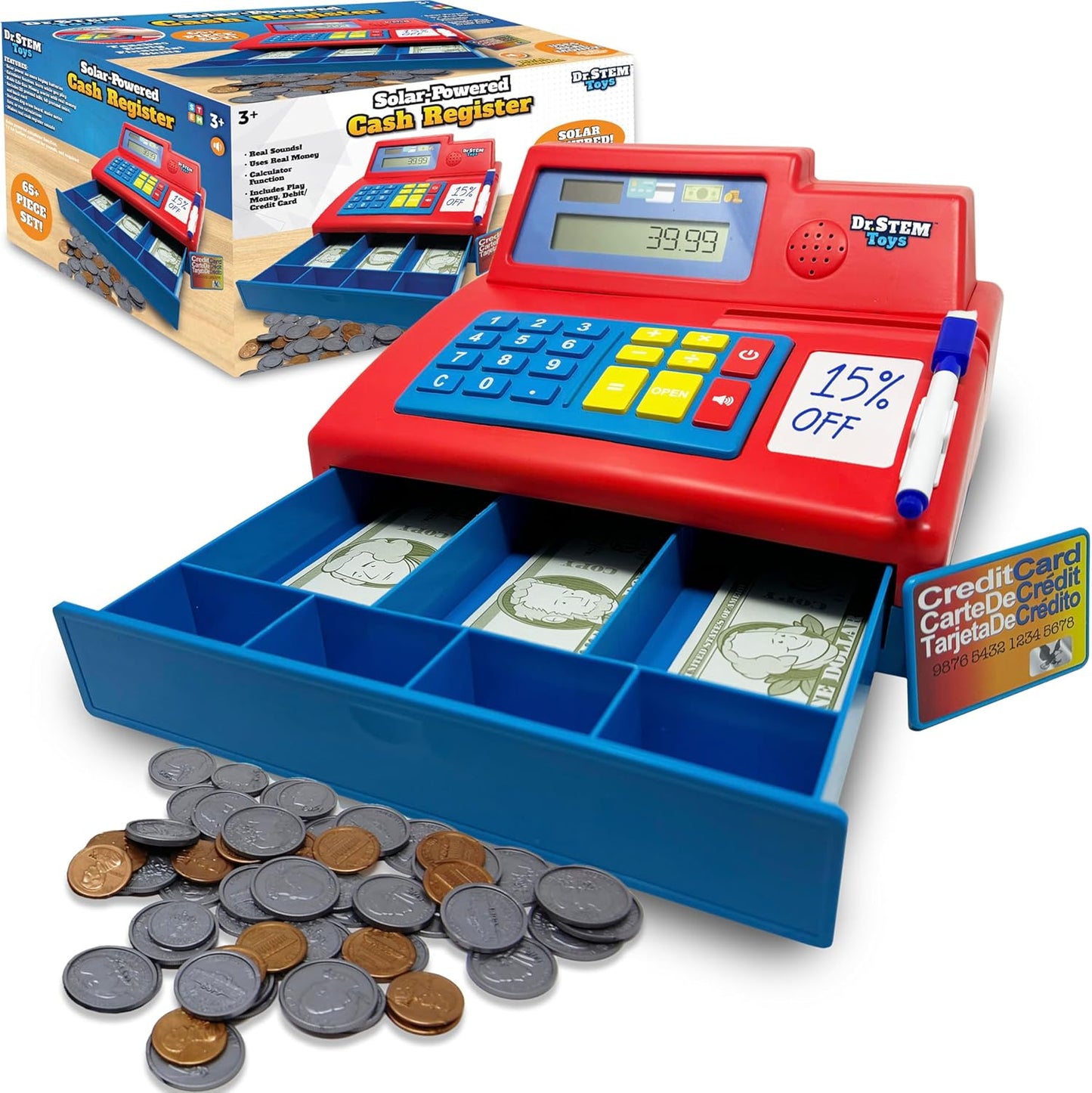 Dr. STEM Toys Solar Powered Calculator Pretend Cash Register with Play Money – 67-Piece Set for Learning Math Skills, STEM Cash Register for Kids (Gray)