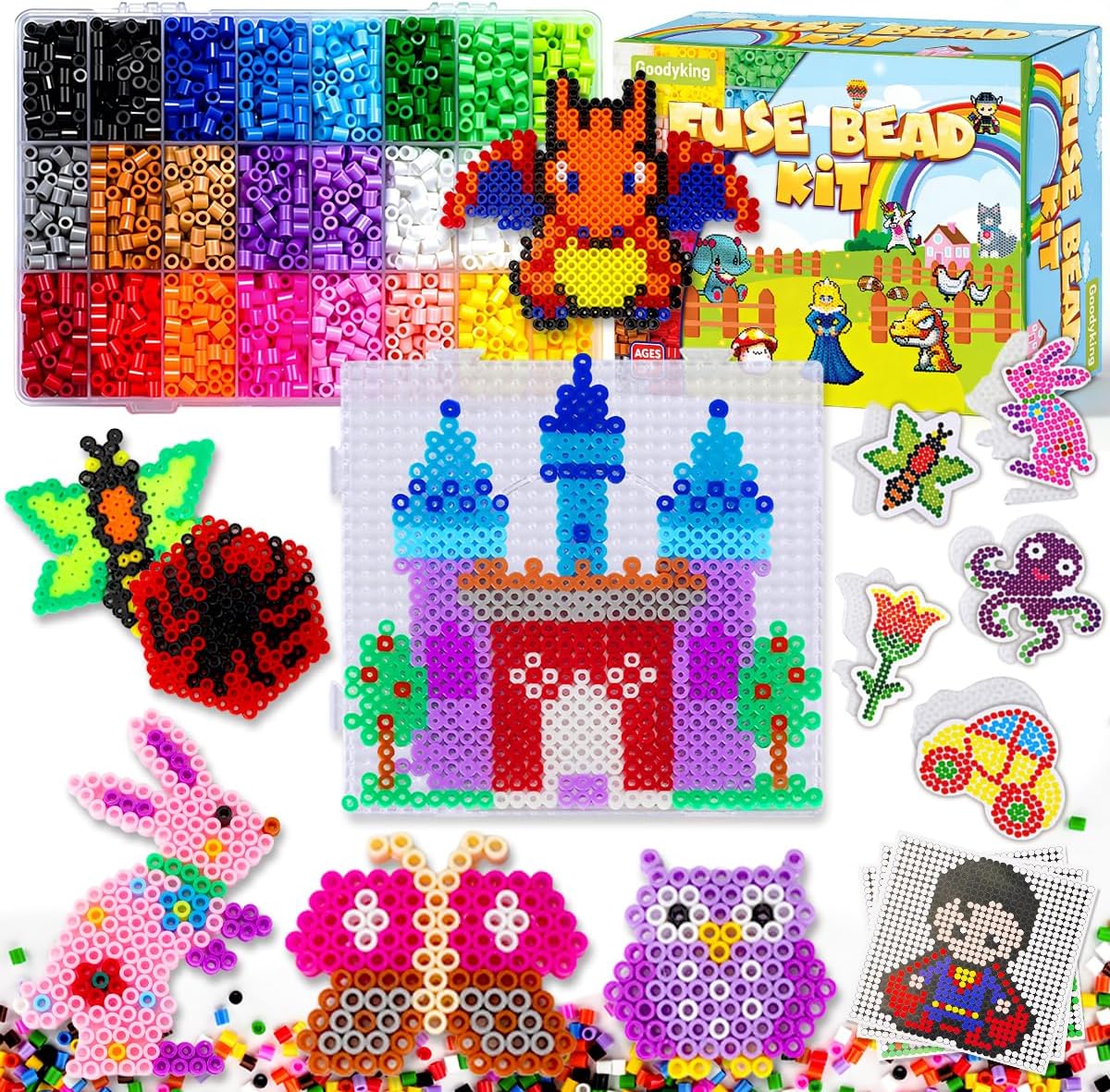 Goody King Board Fuse Beads Iron Set - Fuse Bead Kit for Kids Crafts with Bead Pegboard and Aqua Pony Beads, Pixel Art and Craft Kit (Large Set with Iron)