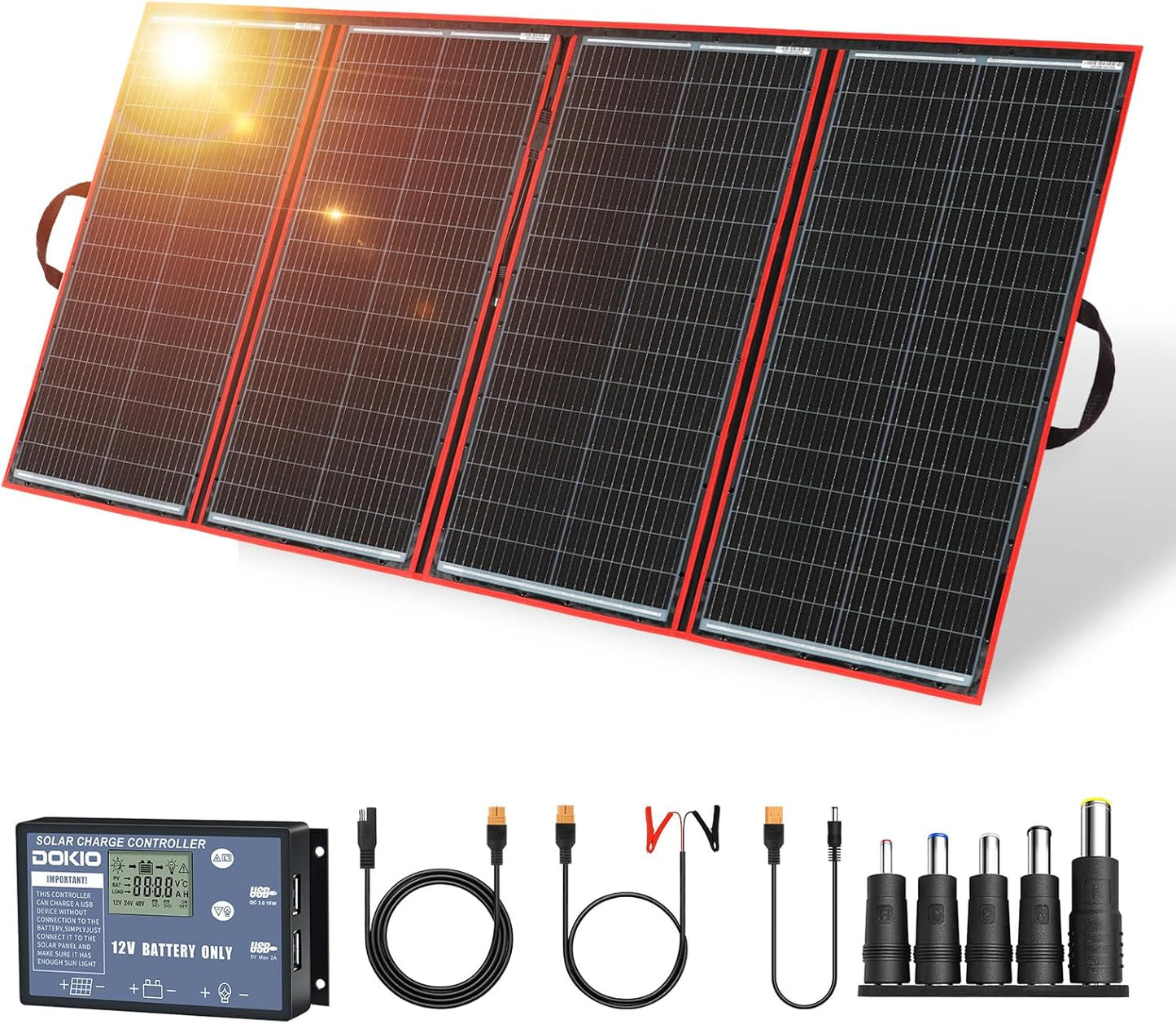 DOKIO 100W Portable Foldable Solar Panel Kit, Compact 18.9x26in Design 5.3lb with Standalone Controller and USB, Monocrystalline Charger for 12V Batteries, Power Stations, RV Camping Emergency Use