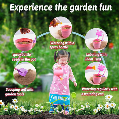 JOI MEW Kids Gardening Tools Set, Garden Toys w/Wooden Handle Alloy Rake,Fork,Trowel, Watering Can,Gloves,Tote Bag,Plant pots, DIY Bookmark Kits, Spring Summer Toy Outdoor Gift for Toddler Boy Girl