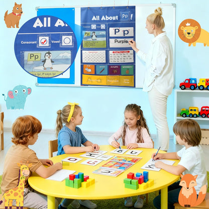 Alphabet Learning Pocket Chart, 41 * 28 Inch All About Letter Pocket Chart, ABC Letter Tracing & Sound Recognition Activity Wall Chart for Toddlers, Preschool & Homeschool Classroom Must Haves