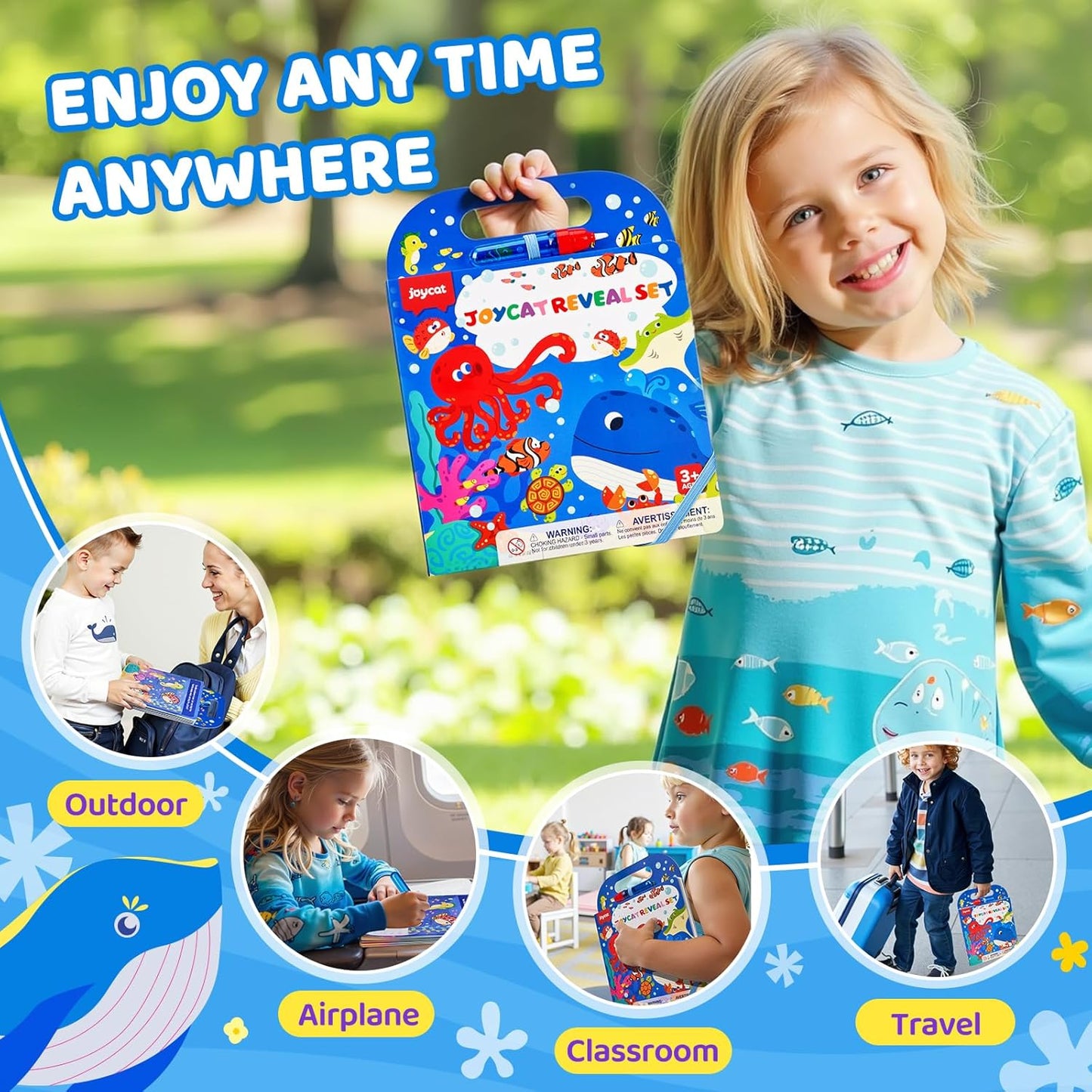 JoyCat Ocean Water Coloring Book for Toddlers 3-5, Reusable No-Mess Water Painting Book with Water Pen, 13 Activity Pages, Travel Toy Gift for Boys & Girls