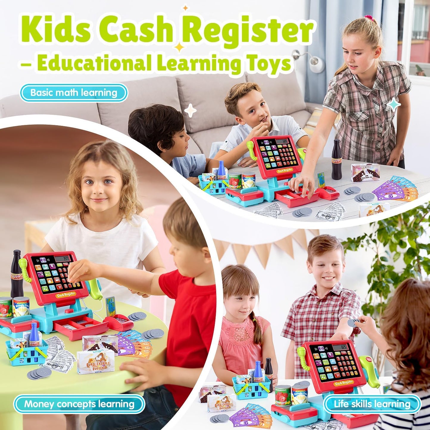 PLAY Kids Cash Register Toy - Pretend Play Calculator Register Toys with Microphone/Conveyors/Play Money/Scanner/Credit Card/Cans/Drink, 3+ Toddler Develops Early Math Skills Learning Toys