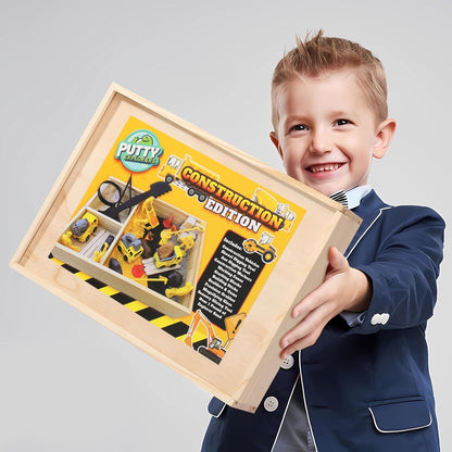 Construction Sensory Bin for Kids - DIY Jr Putty Explorers Wooden Sensory Play Kit with Play Sand, Trucks, Tools & Gems - Montessori STEM Fine Motor Toy for Toddlers & Preschool Boys 3+