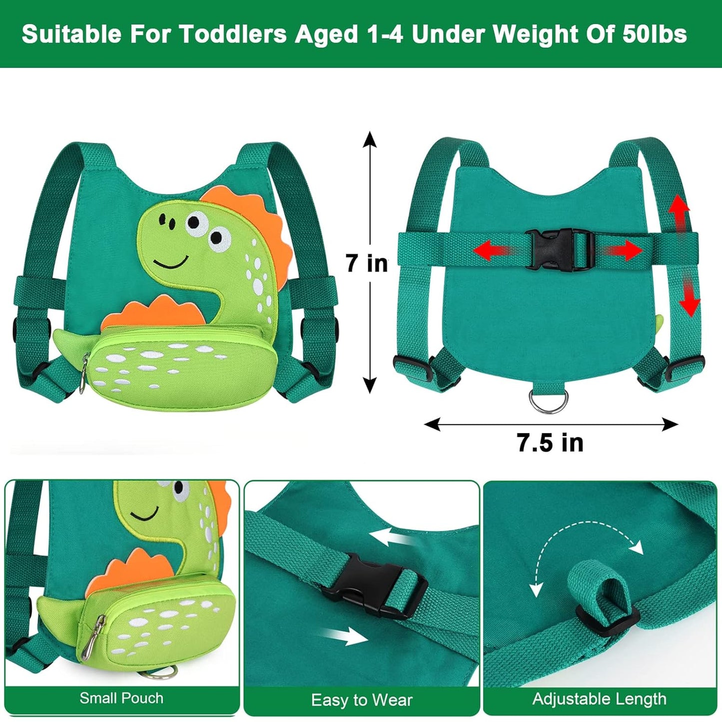 3 in 1 Toddler Harness Leash + Baby Anti Lost Wrist Link, Accmor Cute Dinosaur Child Safety Harness Tether, Kids Walking Wristband Assistant Strap Belt for Parent Boys Outdoor Activity (Black)