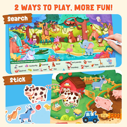 JoyCat Reusable Sticker Book Set (3-Pack): Farm, Pizza-Making, Weather - 90 Pcs Stickers for Toddlers, Kids Sticker Activity Book, Road Trip Travel Toys, Birthday Gifts for Boys and Girls